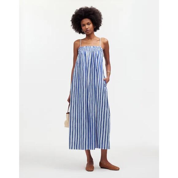 Madewell Dresses & Skirts - Madewell Ruffle A-Line Blue White Striped Poplin Coastal Beach Midi Dress XXS